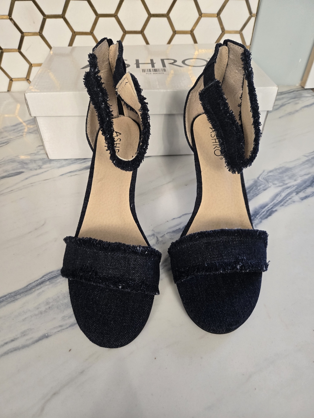 Ashro Black Frayed Denim Ankle-Strap Heels